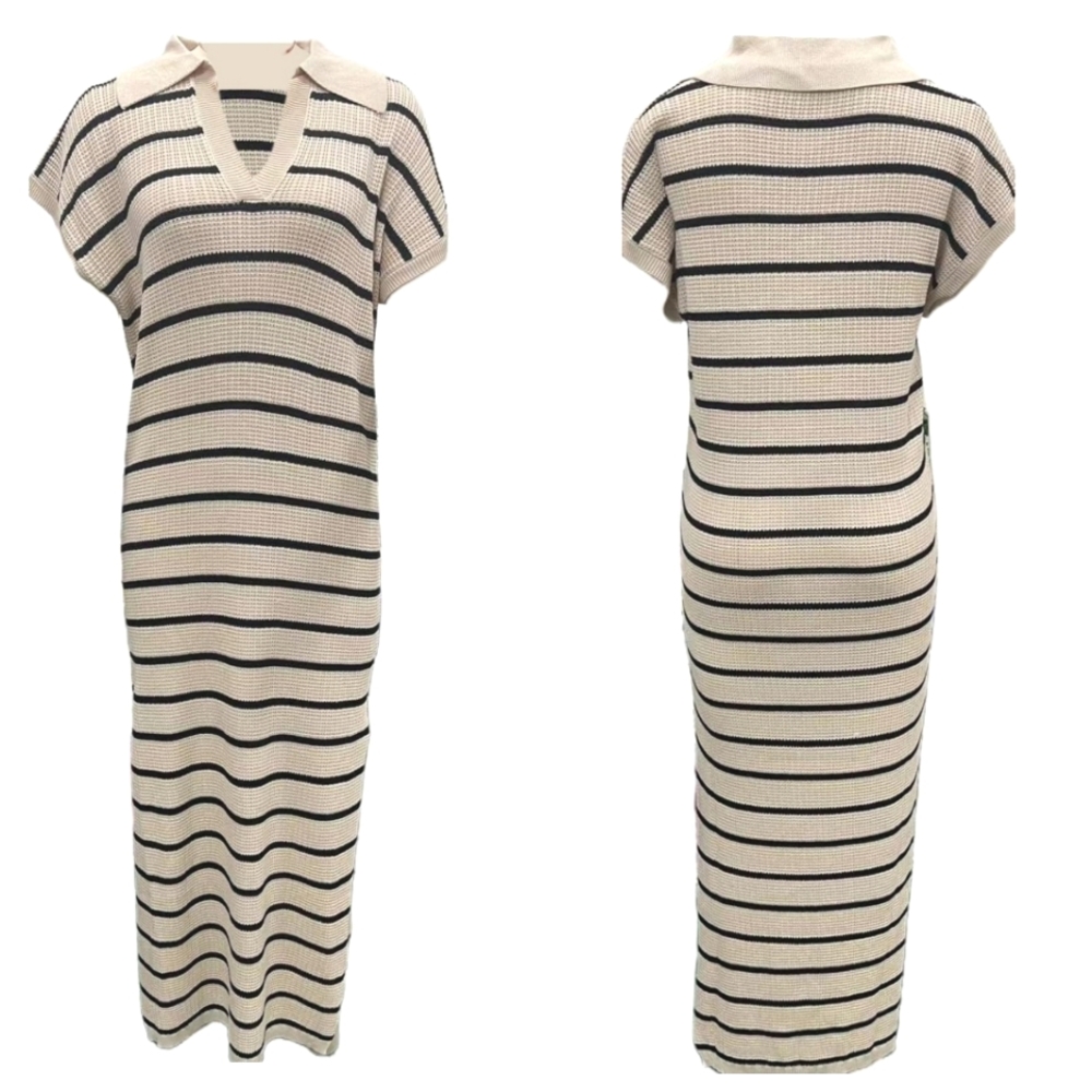 A-Line Short Sleeve Knit Striped Maxi Dress Women's V-Neck Slit Dress
